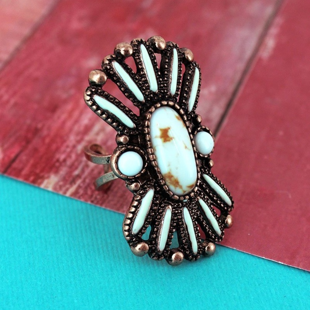 WHITE BEADED BURNISHED COPPERTONE RING